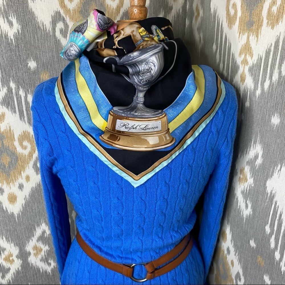 Ralph Lauren Blue Cashmere Mitered Cable Knit V-Neck Long Sleeve Sweater